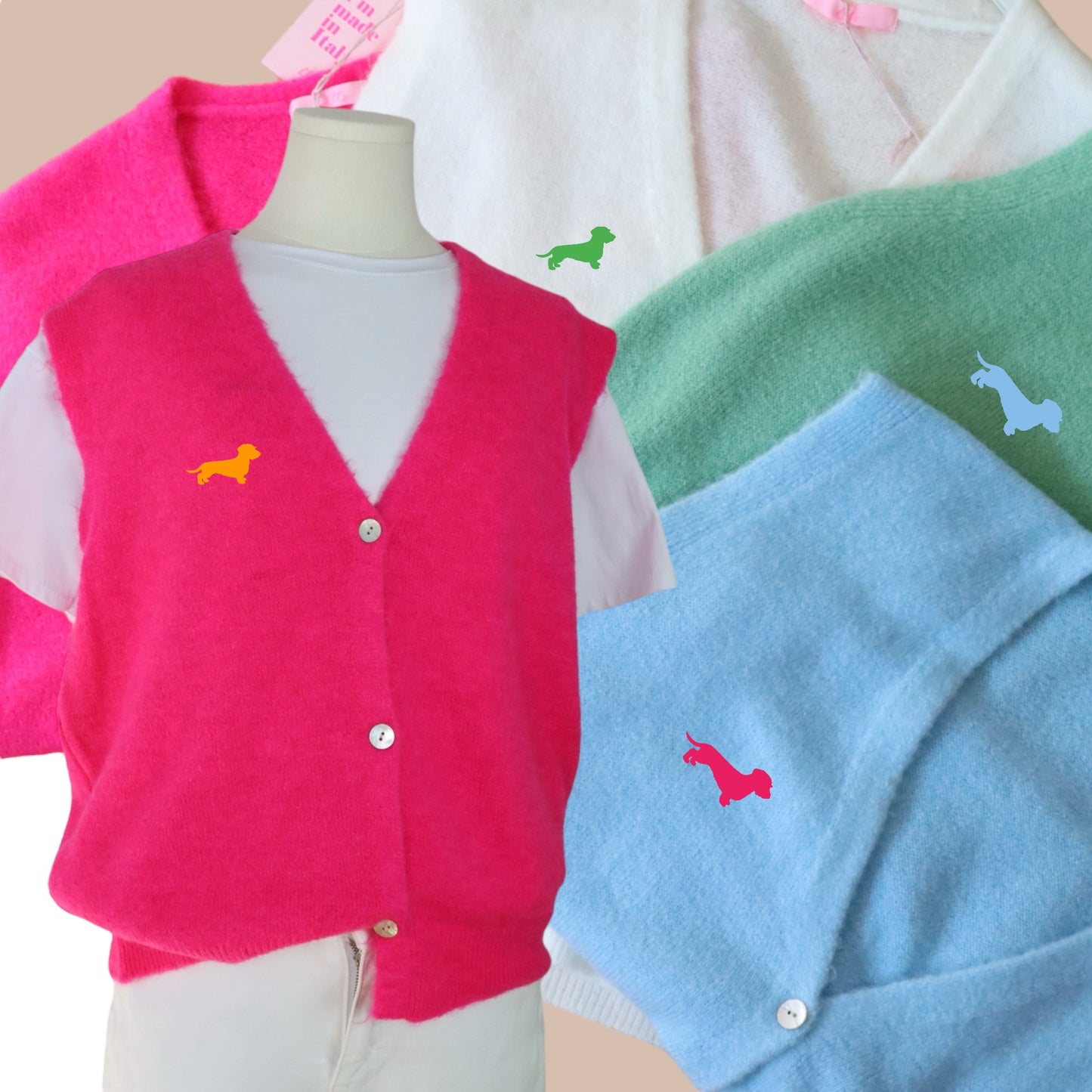 Alpaka-Strickjacke ohne Arm mit Dackel in Wunschfarbe