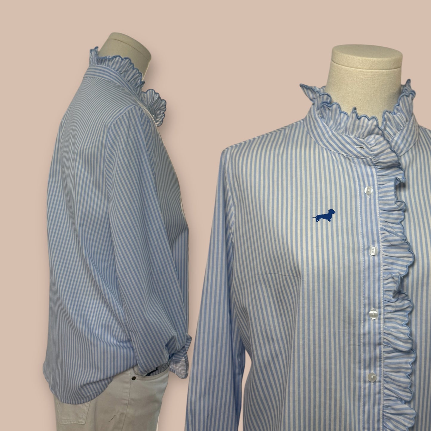 Bluse mit Rüschen und Dackel in Wunschfarbe