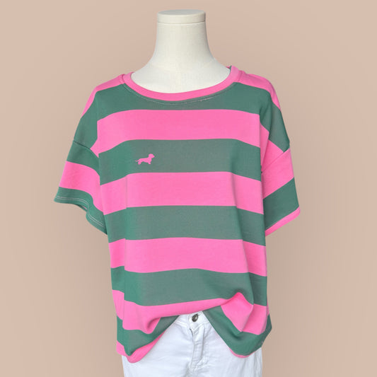Gestreiftes Oversize T-Shirt mit Dackel in Wunschfarbe