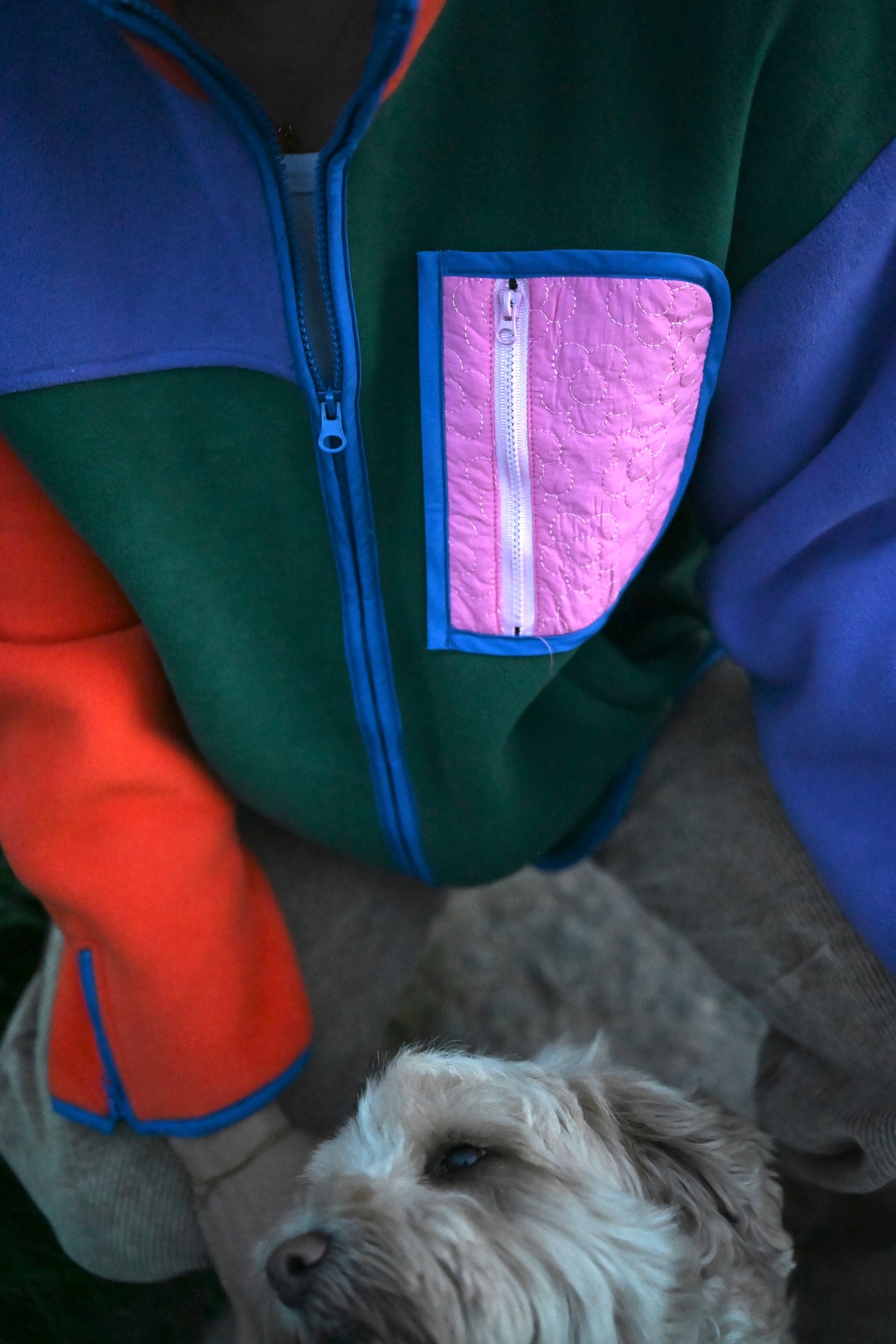 Colorblock Fleecejacke mit Dackel-Pin