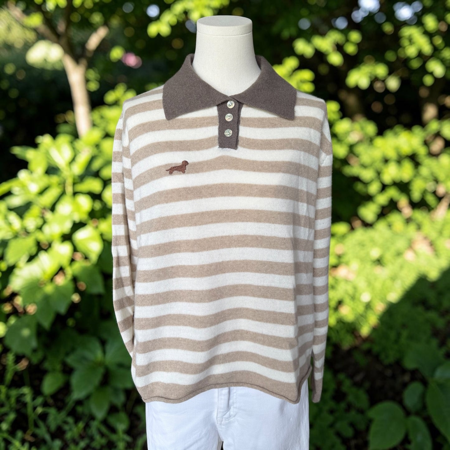 Cashmere Polopullover Clara mit Dackelstick in Wunschfarbe