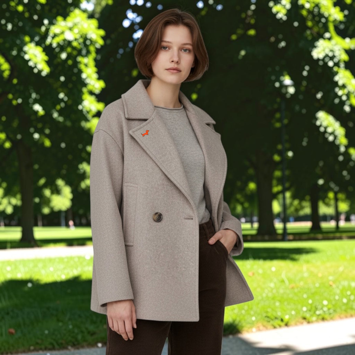 Kurze Manteljacke mit Dackel-Pin